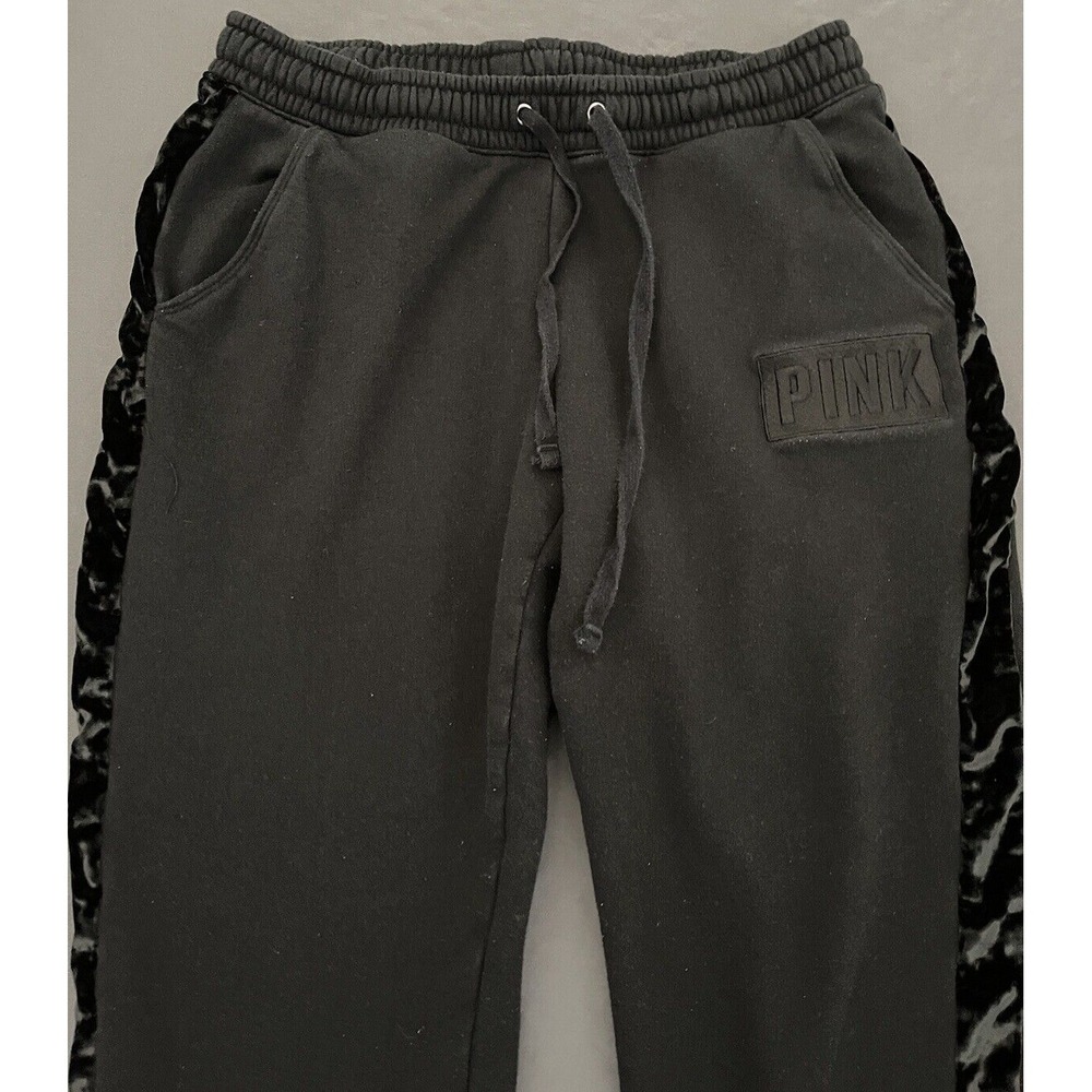 Victorias Secret Pink Sweatpants Womens Size Medium Black Jogger W/Velvet Stipe - Picture 5 of 12